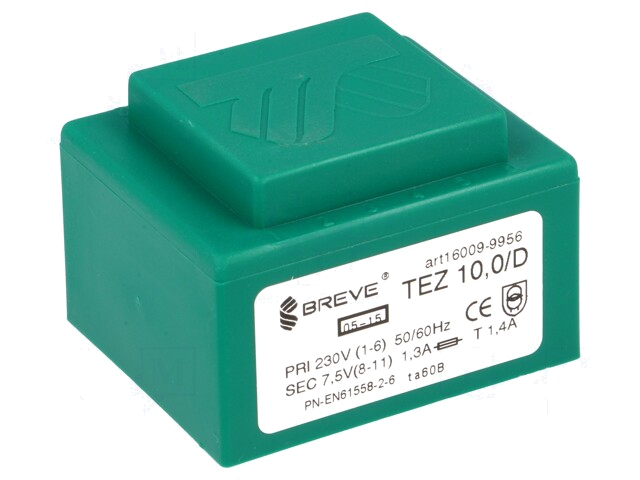 Transformator: ingegoten; 10VA; 230VAC; 7,5V; 1333,3mA; PCB; IP00 Transformator: ingegoten; 10VA; 230VAC; 7,5V; 1333,3mA; PCB; IP00